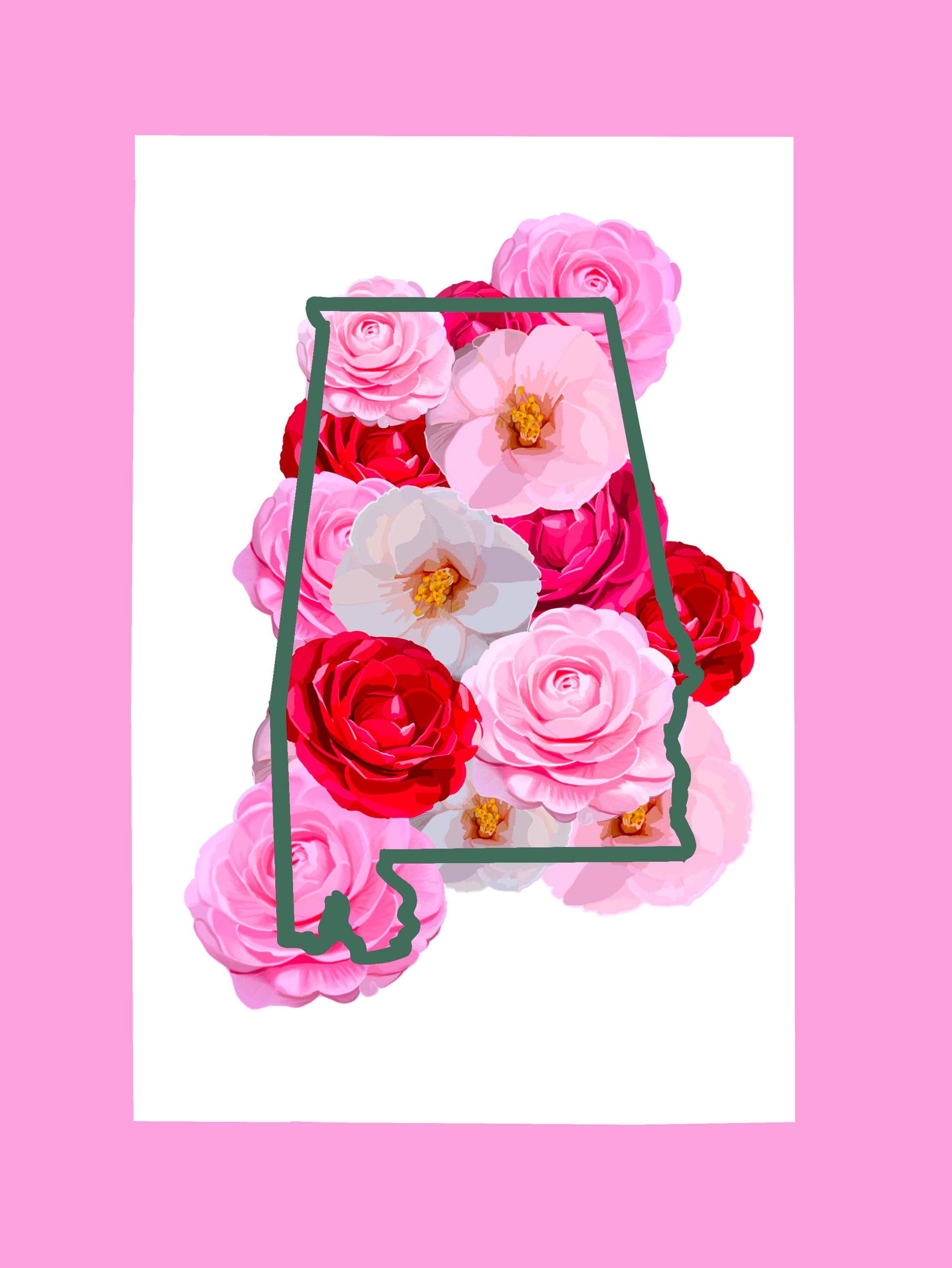 Bailey Made Art Co Alabama Camelias State Flower with Pink Border Art