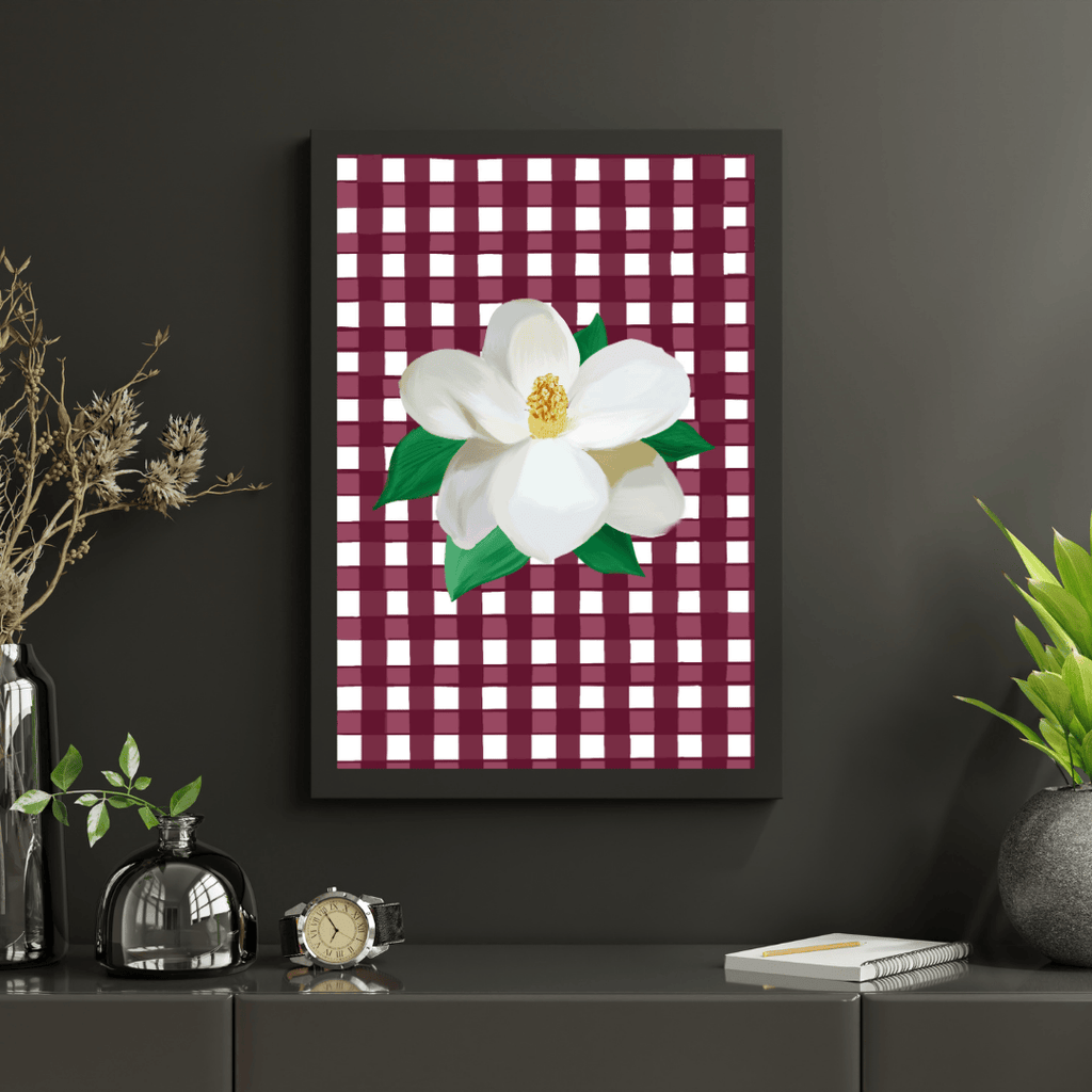 Bailey Made Art Co Mississippi Magnolia Art Print on Maroon Gingham Art