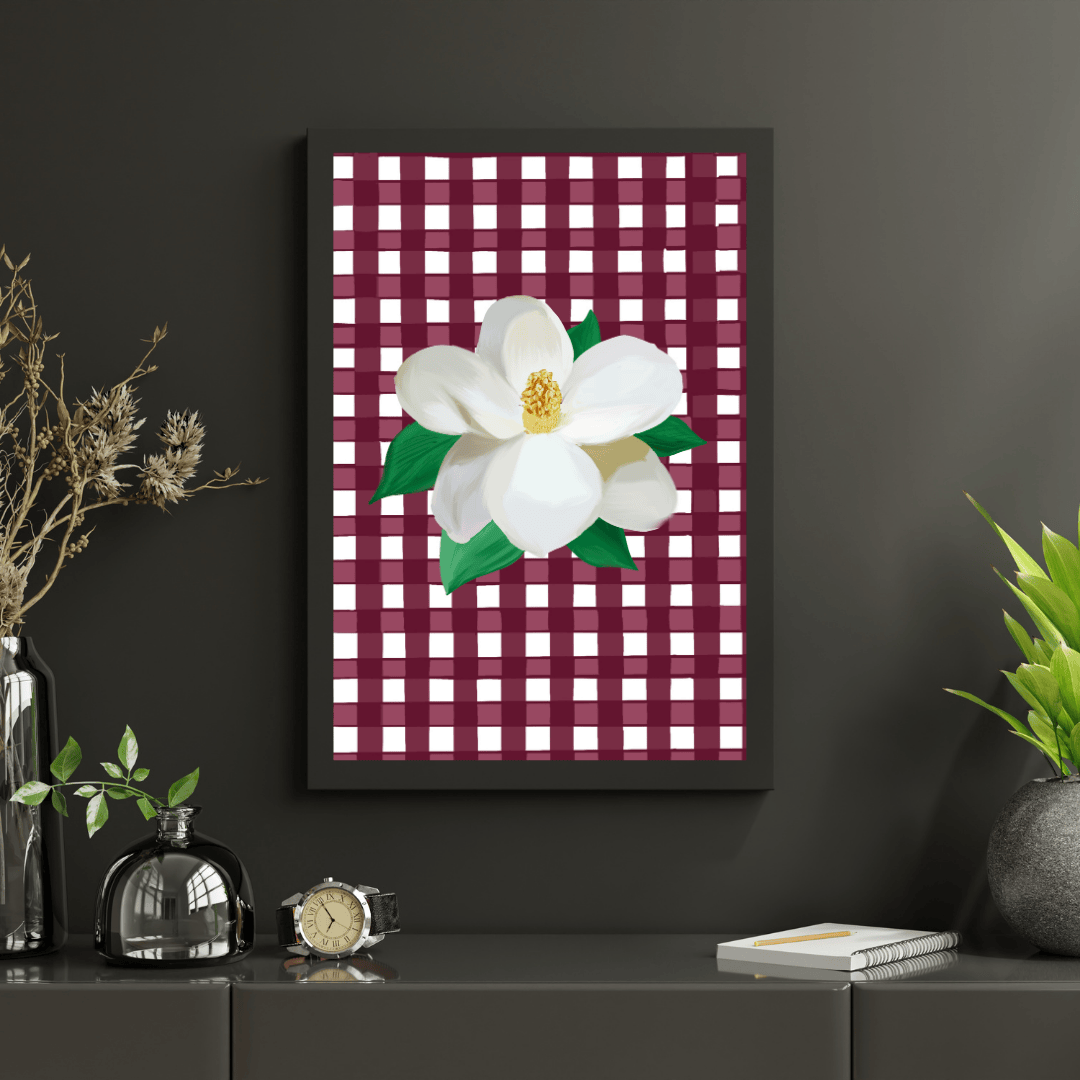 Bailey Made Art Co Mississippi Magnolia Art Print on Maroon Gingham Art