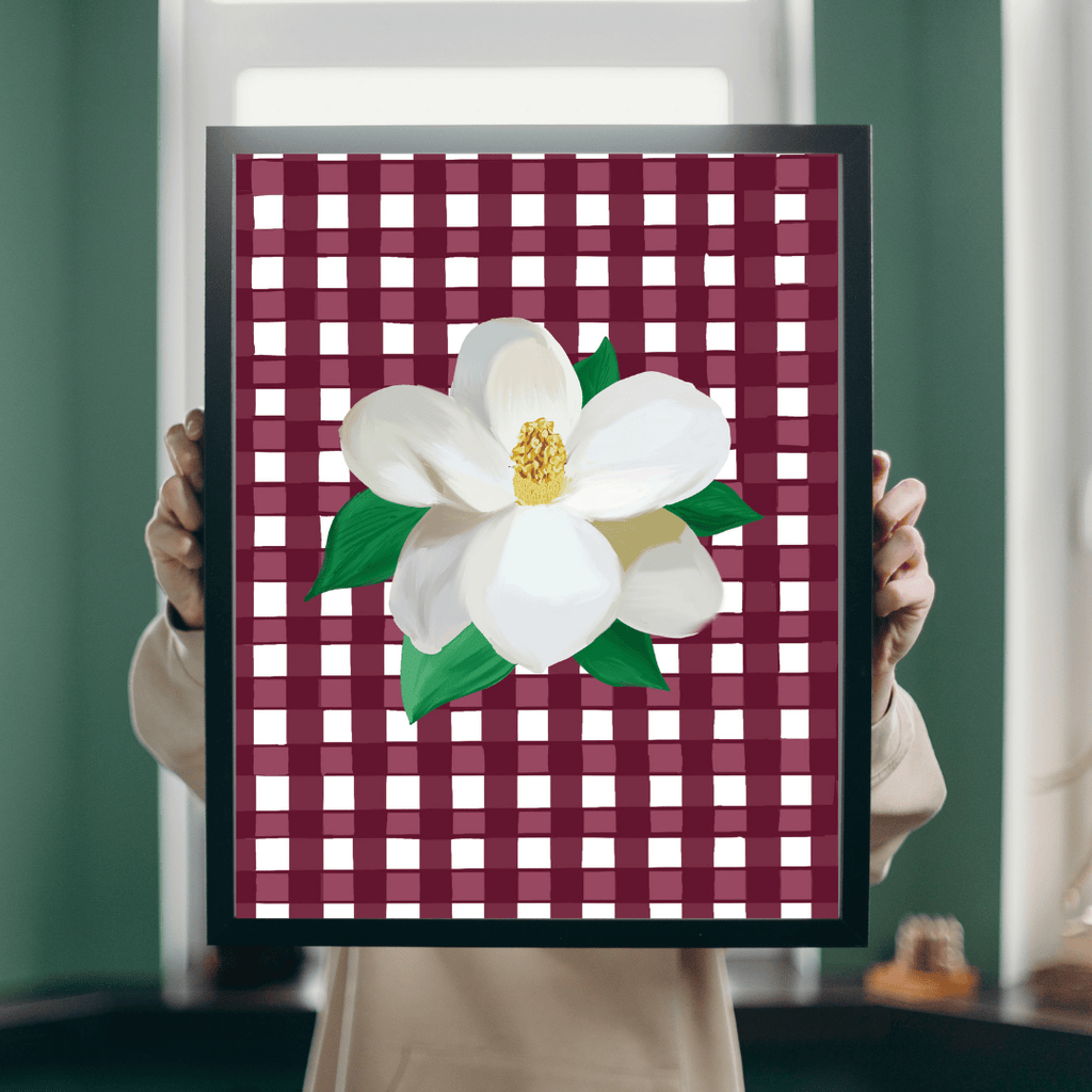 Bailey Made Art Co Mississippi Magnolia Art Print on Maroon Gingham Art