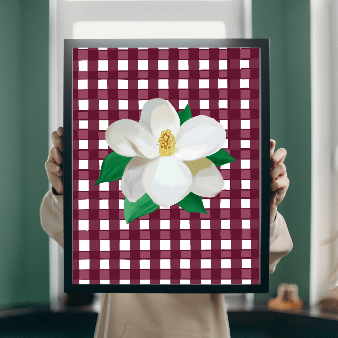 Bailey Made Art Co Mississippi Magnolia Art Print on Maroon Gingham Art