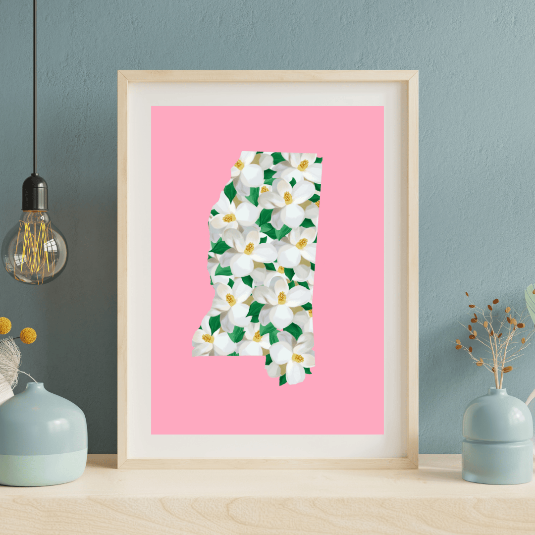 Bailey Made Art Co Mississippi Magnolia State Art Print on Pink Art