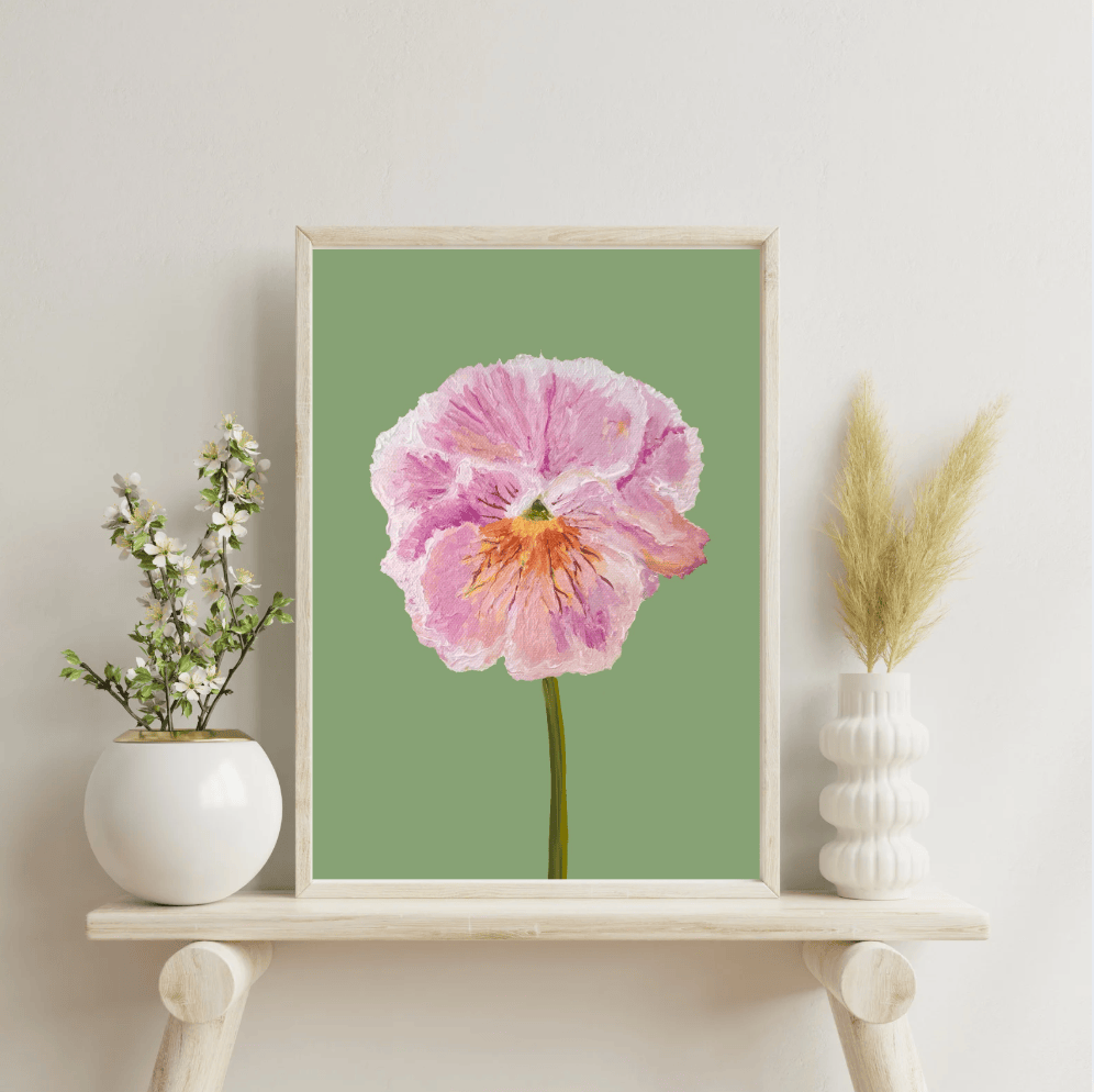 Bailey Made Art Co Pansy Art Print- Pink and Blush Ruffled Pansy on Sage Green Background Art