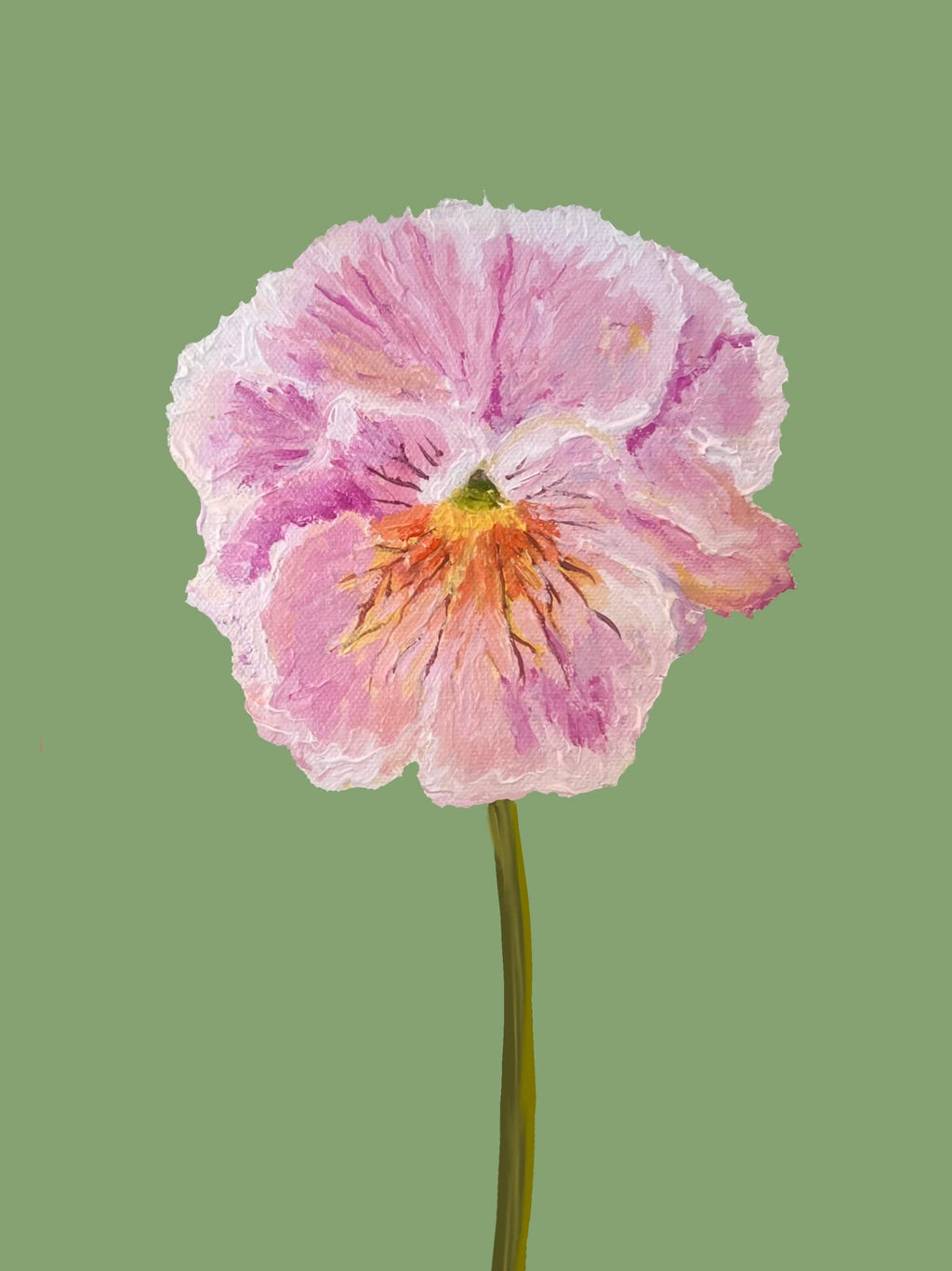 Bailey Made Art Co Pansy Art Print- Pink and Blush Ruffled Pansy on Sage Green Background Art