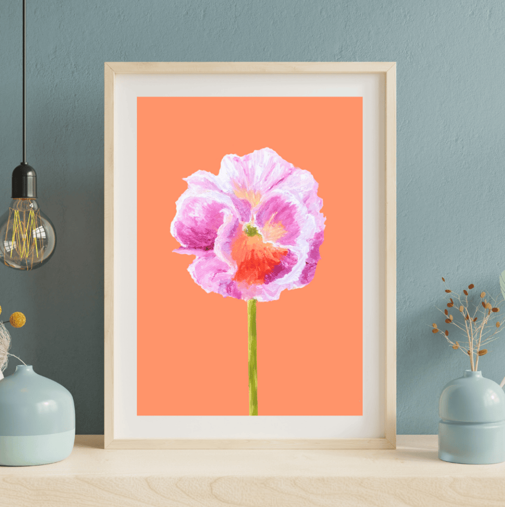 Bailey Made Art Co Pansy Art Print- Pink and White Ruffled Pansy on Tangerine Background Art