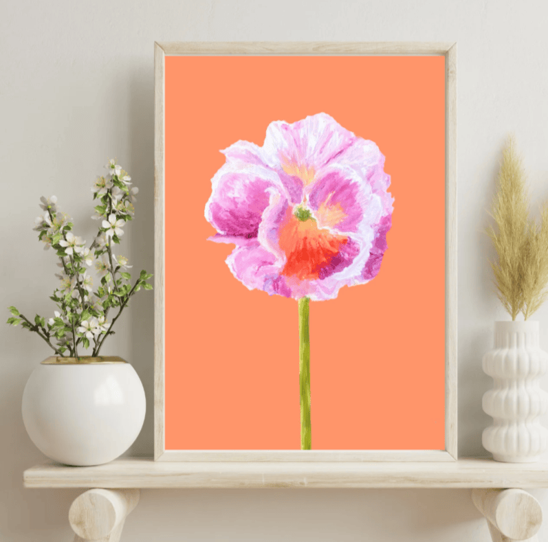 Bailey Made Art Co Pansy Art Print- Pink and White Ruffled Pansy on Tangerine Background Art
