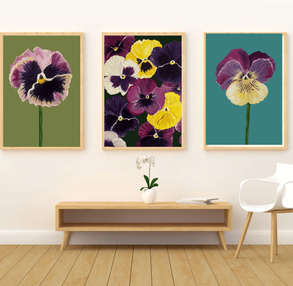 Bailey Made Art Co Pansy Art Print- Purple and Pink Ruffled Pansy on Olive Background Art