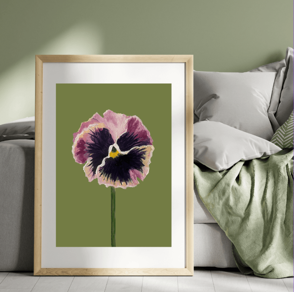 Bailey Made Art Co Pansy Art Print- Purple and Pink Ruffled Pansy on Olive Background Art