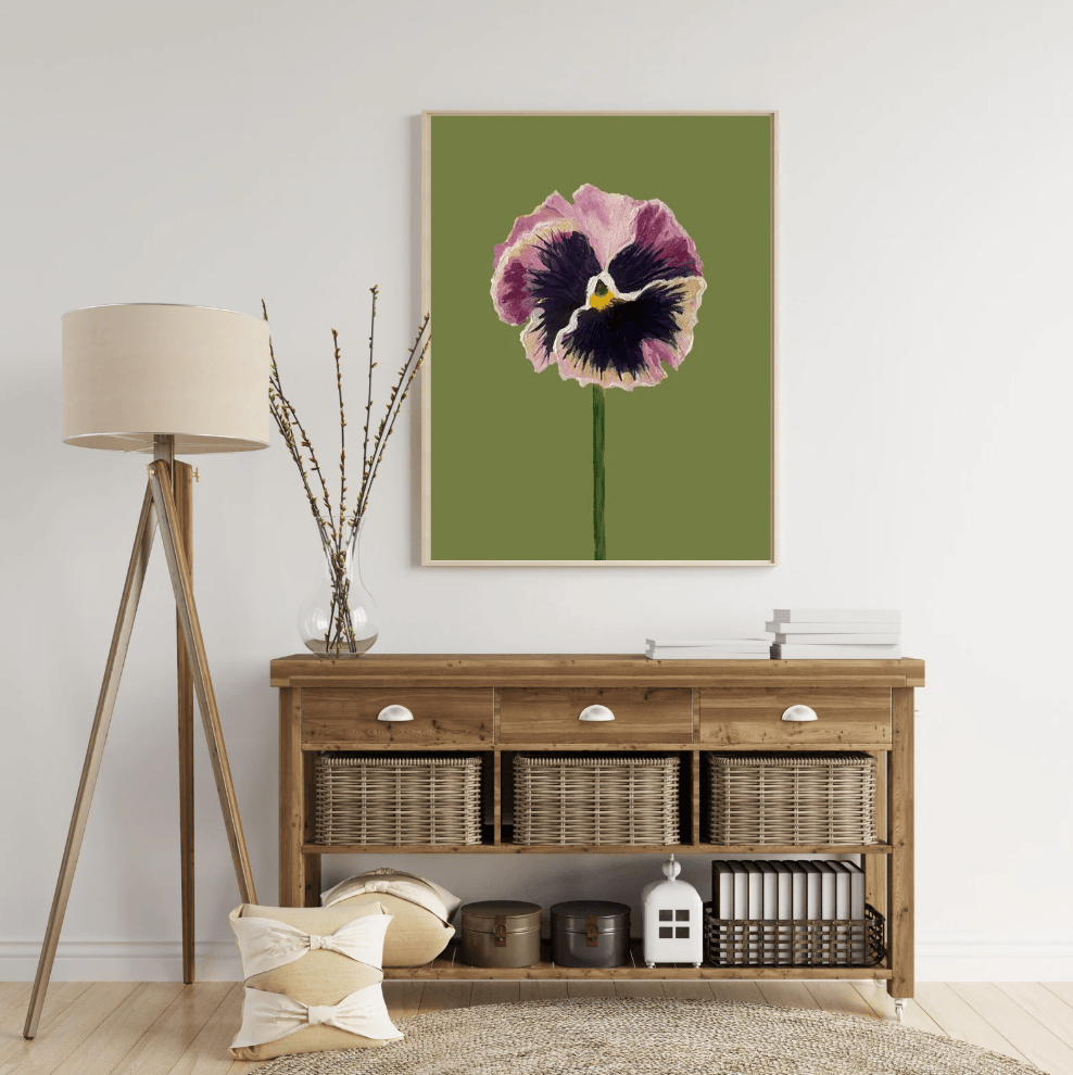 Bailey Made Art Co Pansy Art Print- Purple and Pink Ruffled Pansy on Olive Background Art
