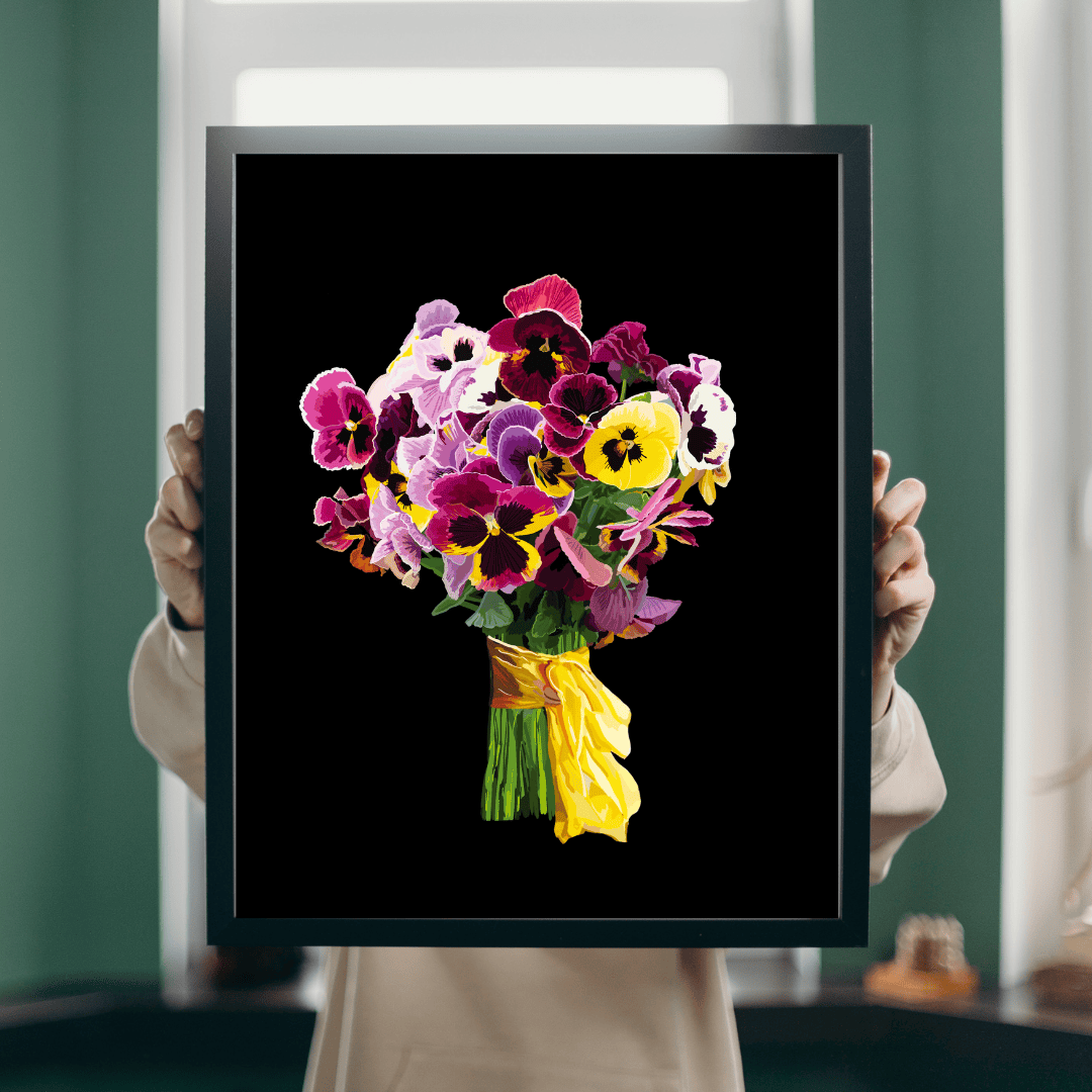 Bailey Made Art Co Pansy Pizazz Bouquet Art Print on Black & White Art