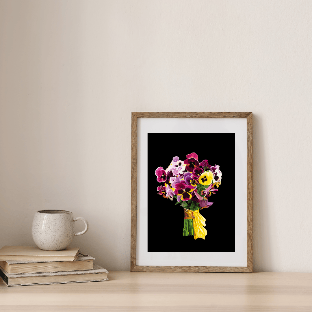 Bailey Made Art Co Pansy Pizazz Bouquet Art Print on Black & White Art