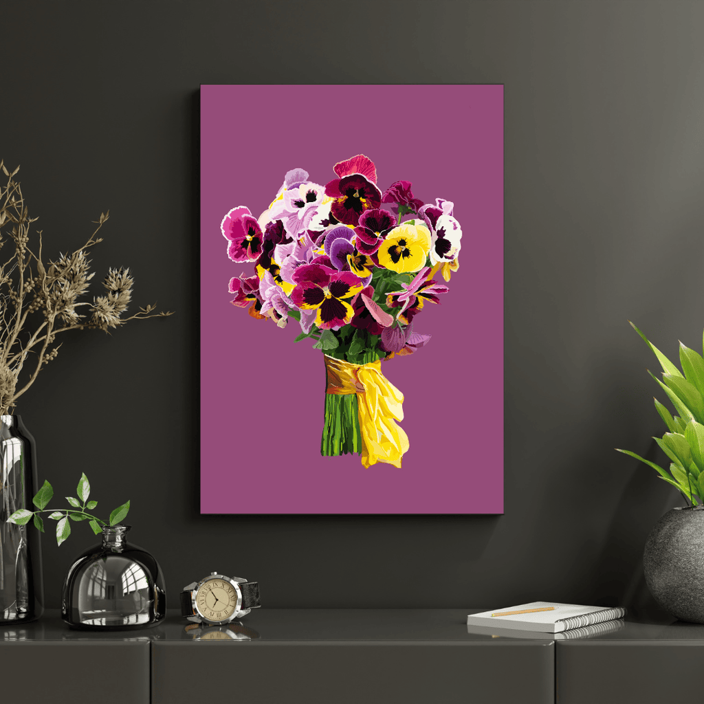 Bailey Made Art Co Pansy Pizazz Bouquet Art Print on Mauve and Blue Art