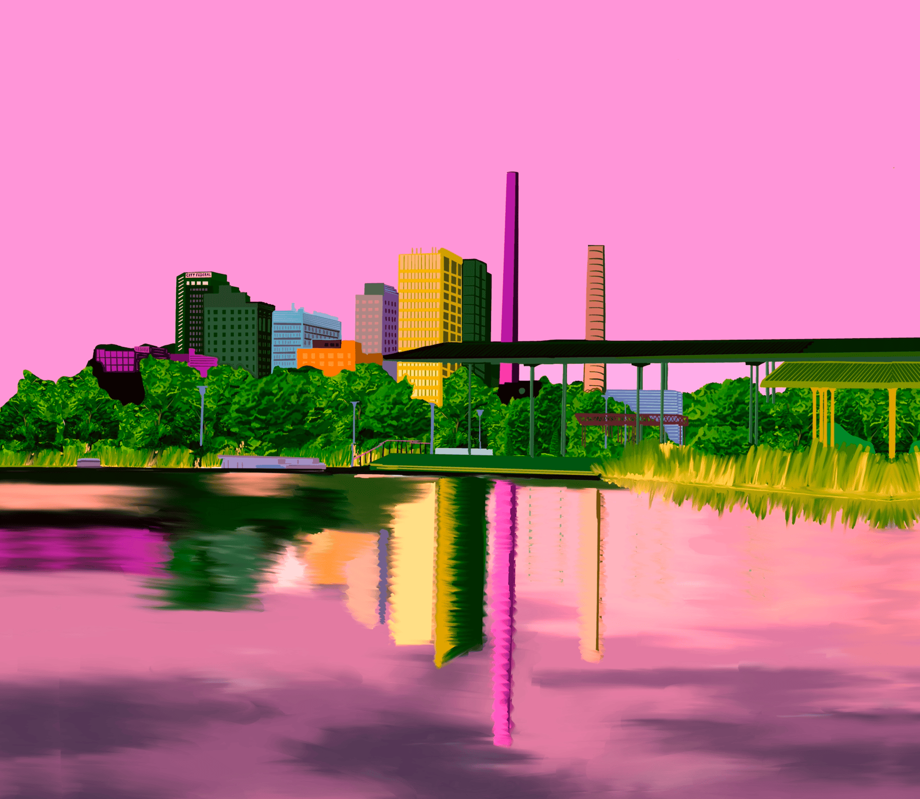 Bailey Made Art Co Railroad Park- Pink Birmingham Skyline Art Print Art