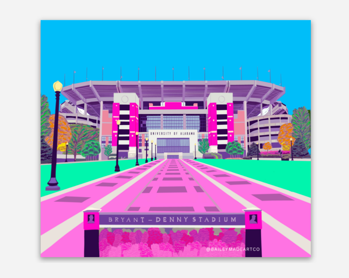 Bailey Made Art Co University of Alabama Bryant Denny Stadium Officially Licensed Print (Barbie Pink) Art