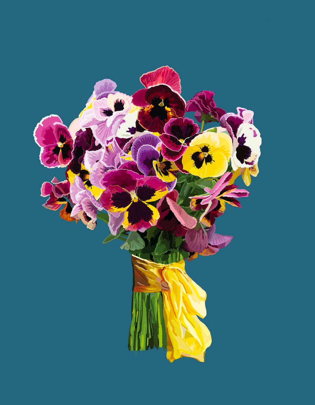 Pansy Pizazz Bouquet Art Print on Mauve and Blue