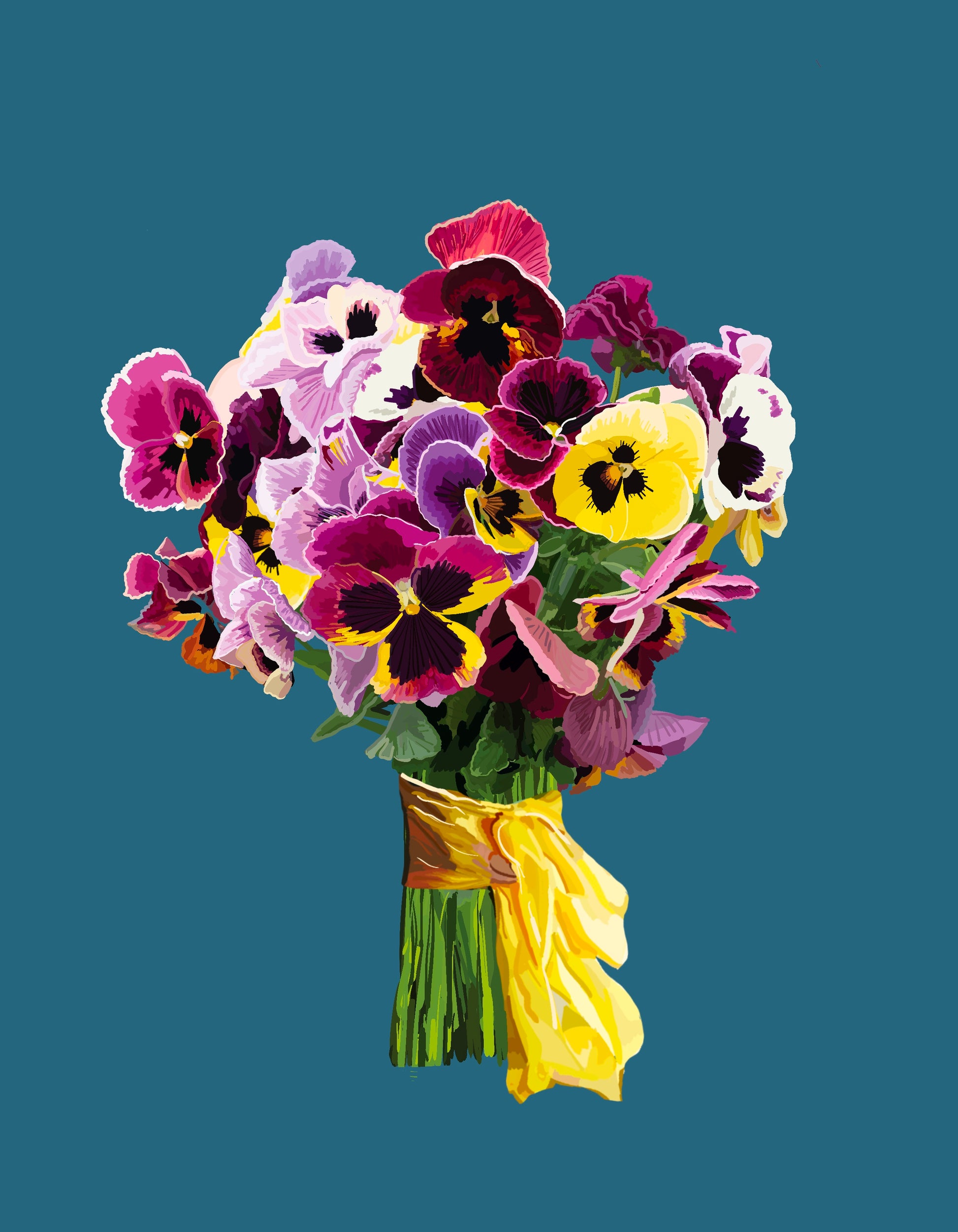 Pansy Pizazz Bouquet Art Print on Mauve and Blue
