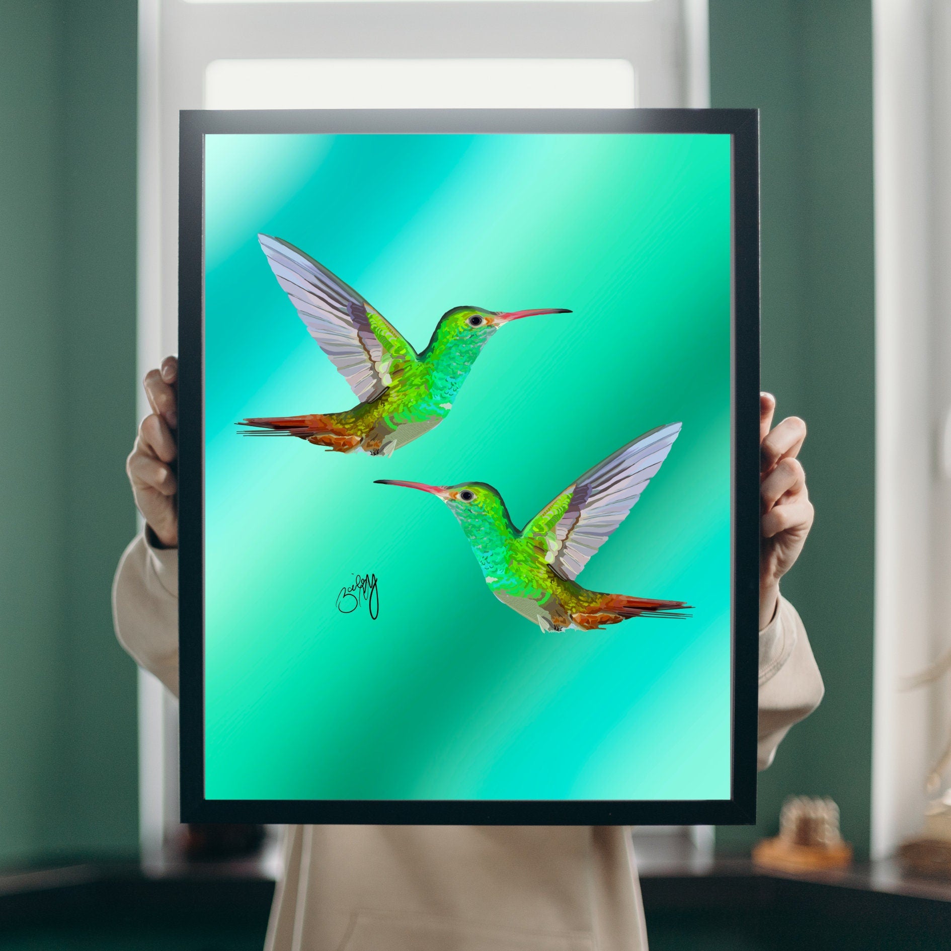 Hummingbird Duo Enchanting Green Art Print