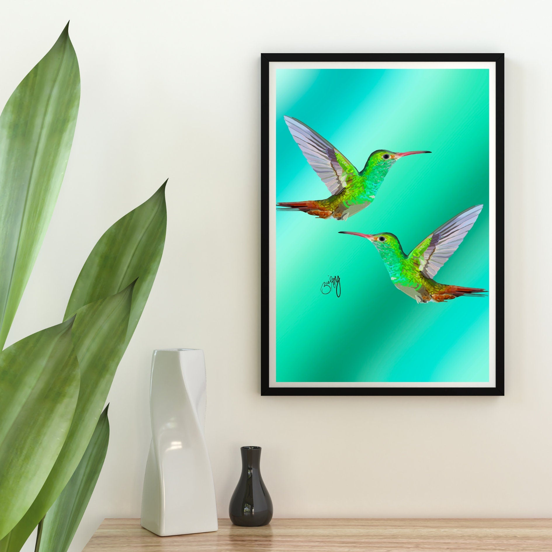 Hummingbird Duo Enchanting Green Art Print