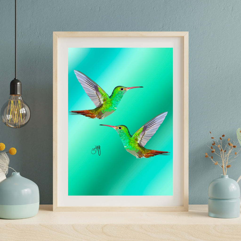 Hummingbird Duo Enchanting Green Art Print