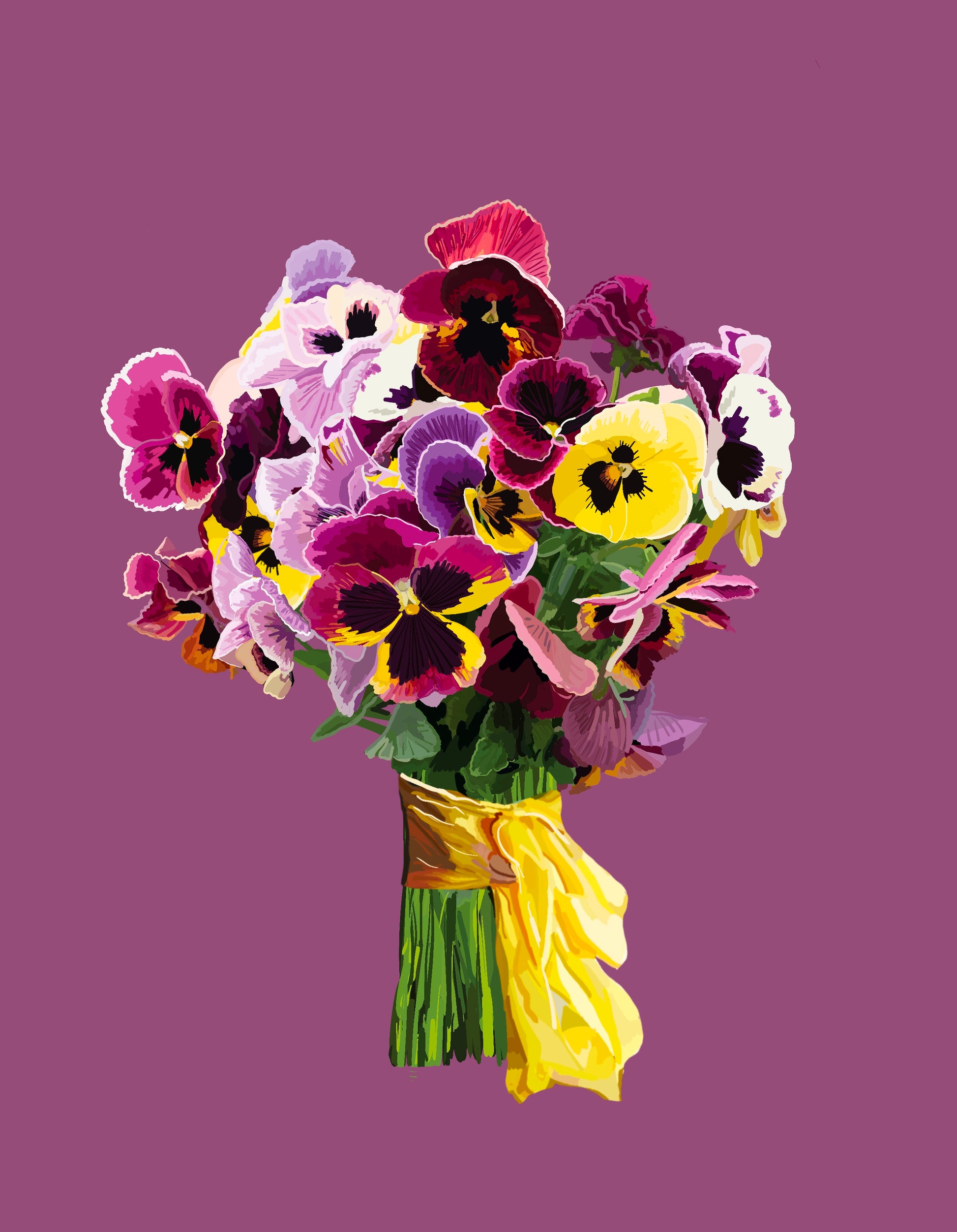 Pansy Pizazz Bouquet Art Print on Mauve and Blue